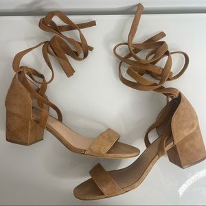 Tony Bianco Camel Brown Sued Ankle Wrap Block Heel Sandals